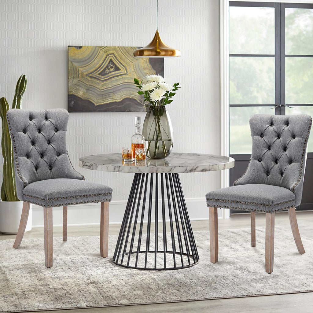 Linen Upholstered Set of 2, Modern Style Kitchen Side Chairs with Nailhead Trim and Wood Leg, Metal Pulling Ring