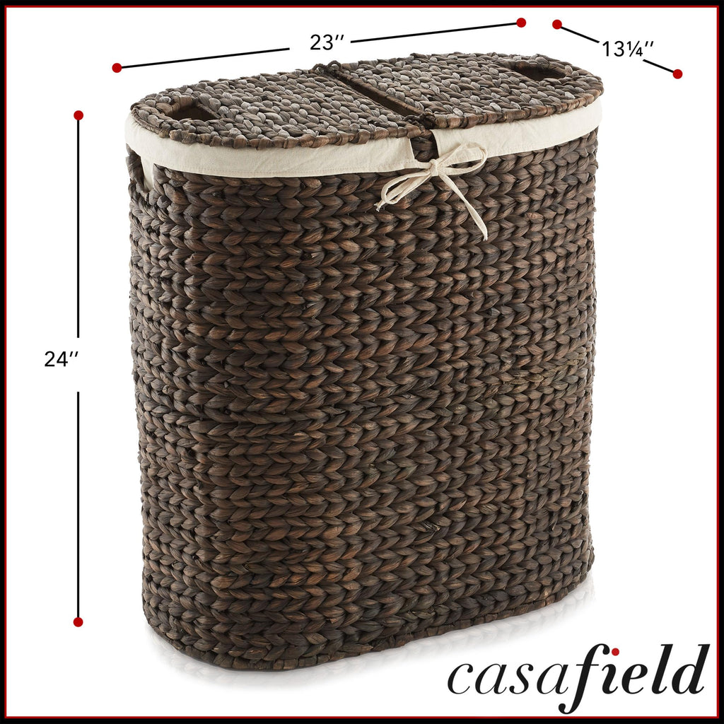 Oval Laundry Hamper with Lids and Removable Liner Bags - Espresso Dark Brown, Woven Water Hyacinth 2-Section Laundry