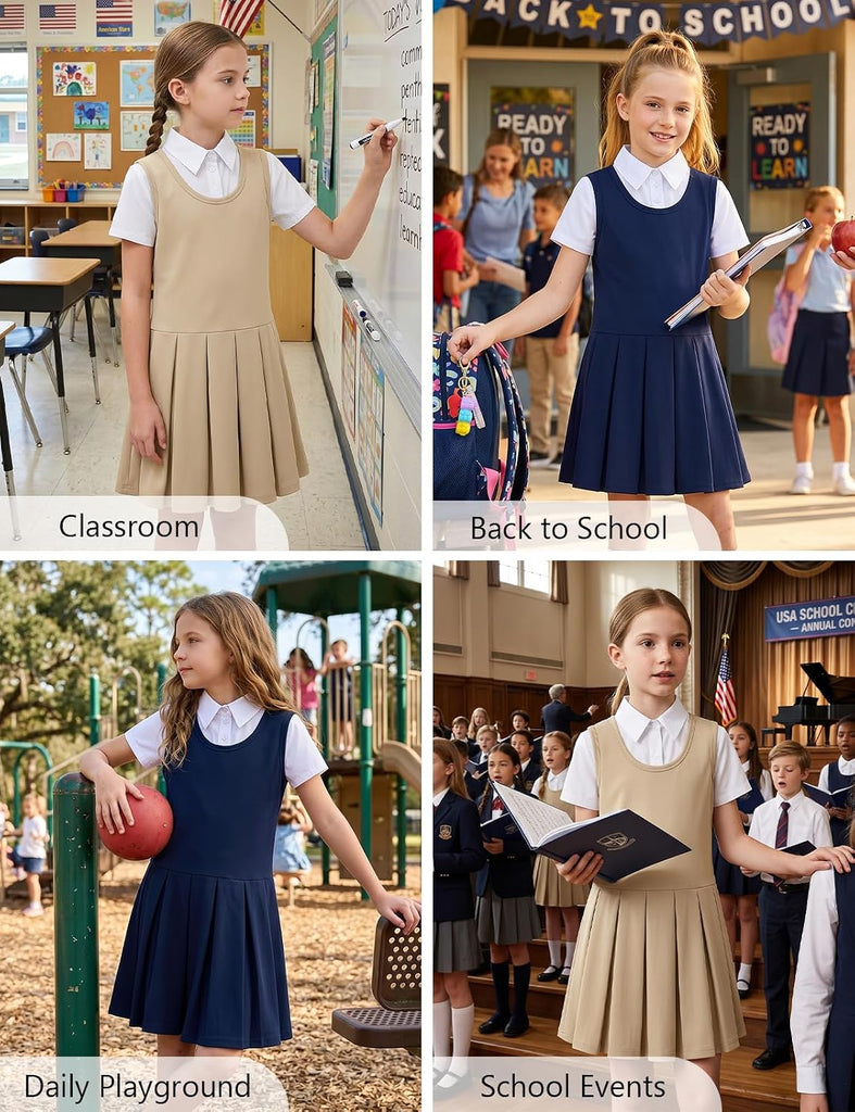 Girls 2 in 1 School Uniform Dress Short Sleeve Pleated Jumper Button Down Shirts Dresses