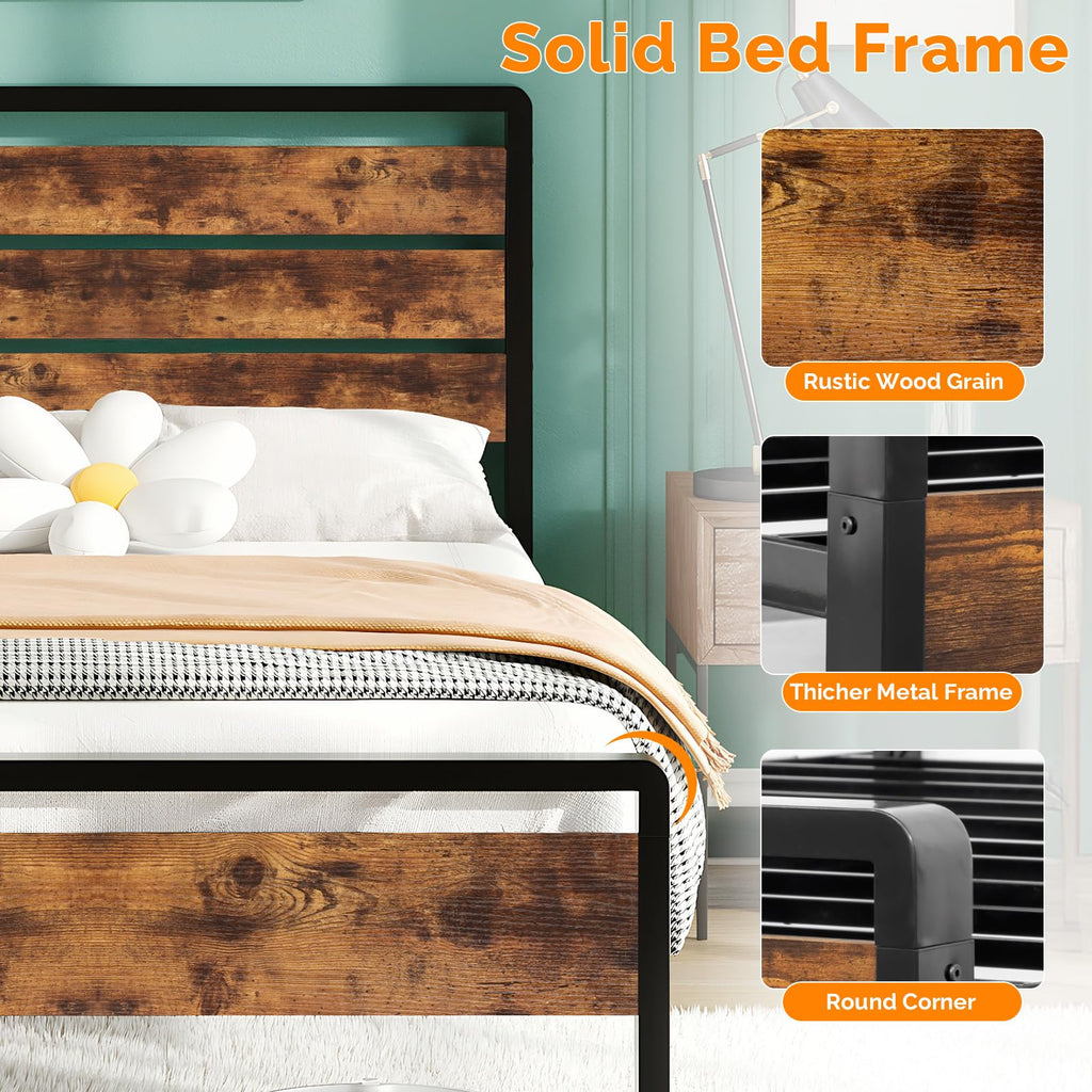 Rustic Bed Frame with Wood Headboard and Footboard, Led Light, 2 AC 2 USB 1 Type-C Charging Ports, 12-Inch