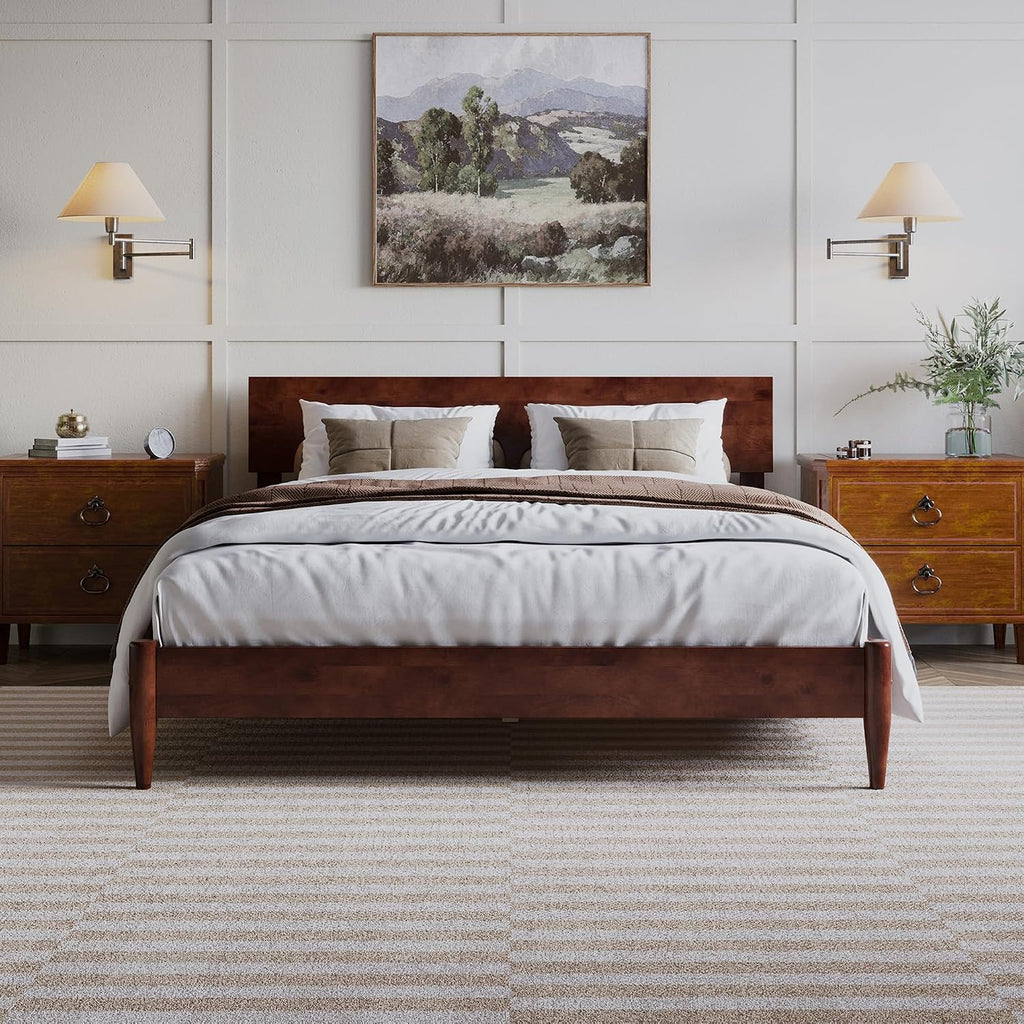 Aria Queen Solid Wood Modern Low Profile Platform Bed, Walnut