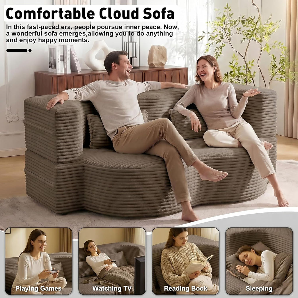 78" Convertible Futon Sofa Bed, Full Siz Corduroy Boneless Couch Bed, Brown | Sleeper Sofa Bed with Pillows & Deep