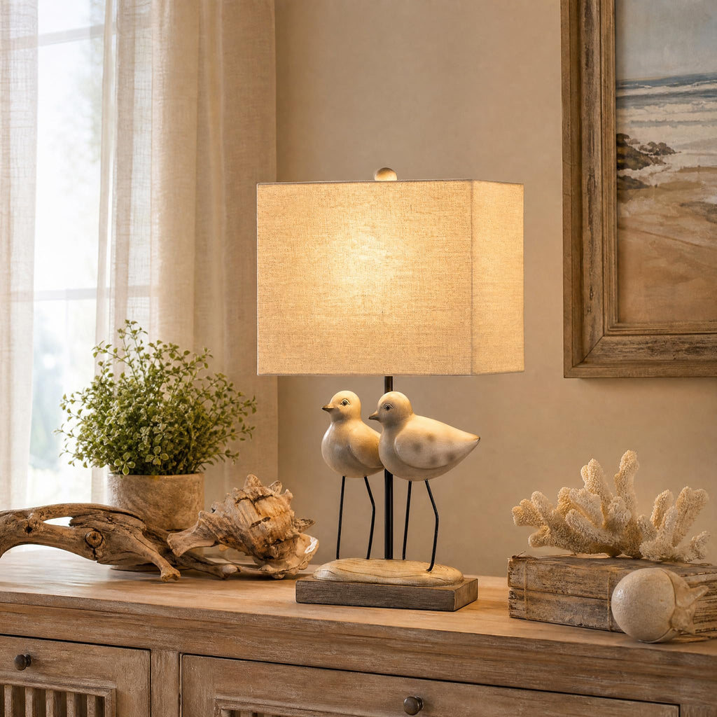 21" Coastal Bird Table Lamp, Twin Gray Resin Shorebirds