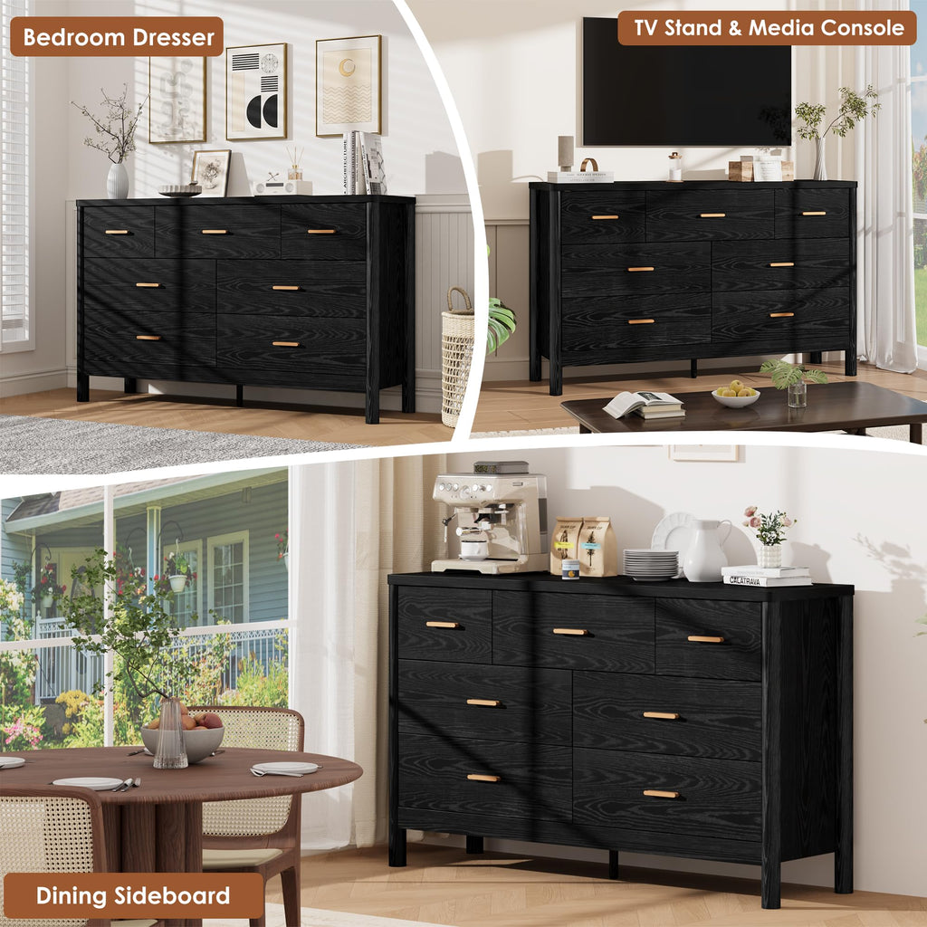 7 Drawer Dresser, Modern Wooden Storage Chest of Drawers, Black