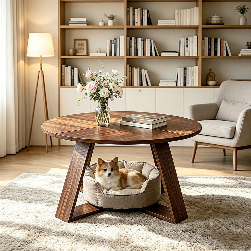 Round Coffee Table with Open Storage -Walnut Wood
