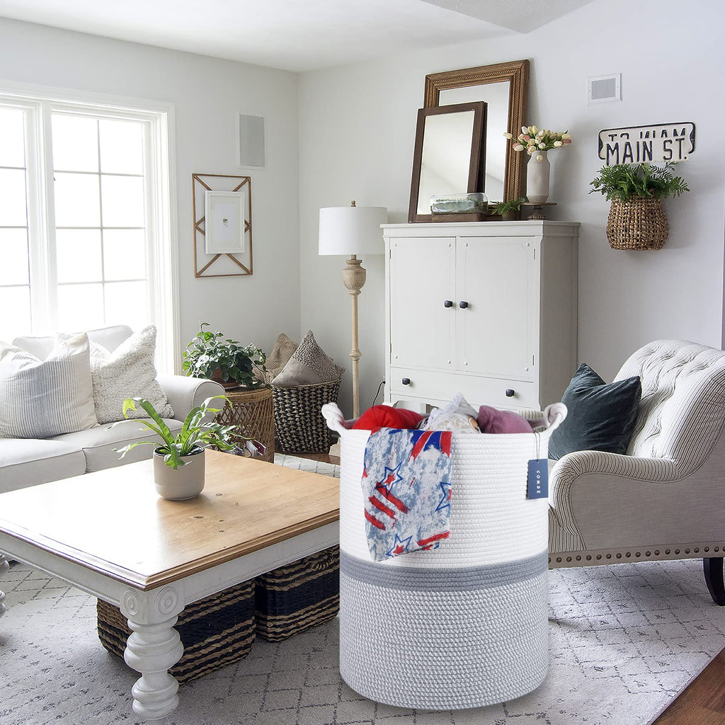 Tall Woven Blanket & Laundry Basket, 72L, Blend White & Gray