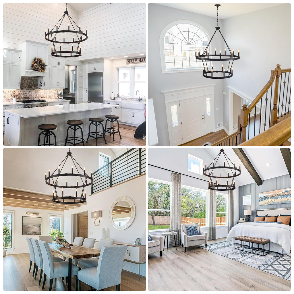 Inspired Camino Style Chandelier - Two Tier Wagon Wheel, 20-Light Black Farmhouse Chandelier W38" x H41"