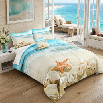 Beach Theme Comforter Seashell Comforter Set Beach Room Decor Starfish Seashore Ocean Quilt Set 3 Pcs Beachy