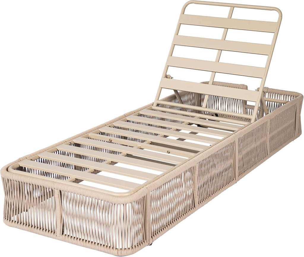 Patio Chaise Lounge Chair Outdoor, Metal Poolside Sun Lounger with Cross-Weave Rope Accent, 5-Position