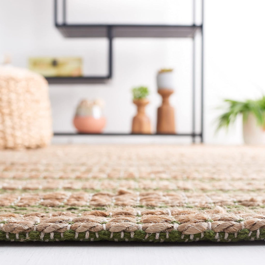Natural Fiber Collection Area Rug - 6'6" Square, Green & Natural, Handmade Boho Farmhouse Rustic Jute & Cotton Jute