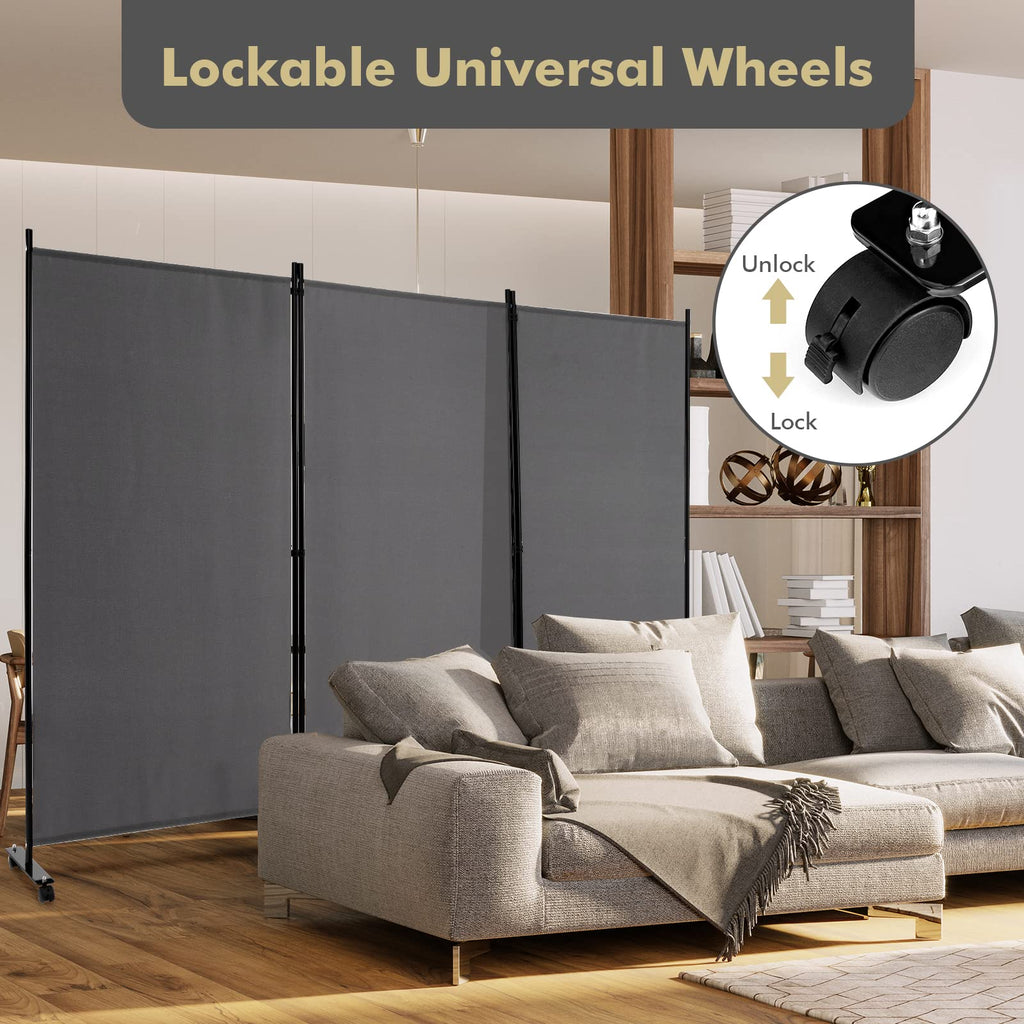 3 Panel Folding Room Divider with Wheels, 103" x 71", Gray