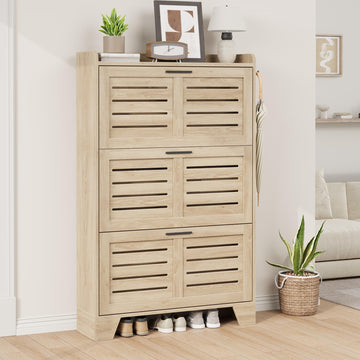 Shoe Cabinet Storage, Slim Shoe Storage Cabinet with 3 Flip Drawers, Freestanding Hidden Narrow Shoe Organizer