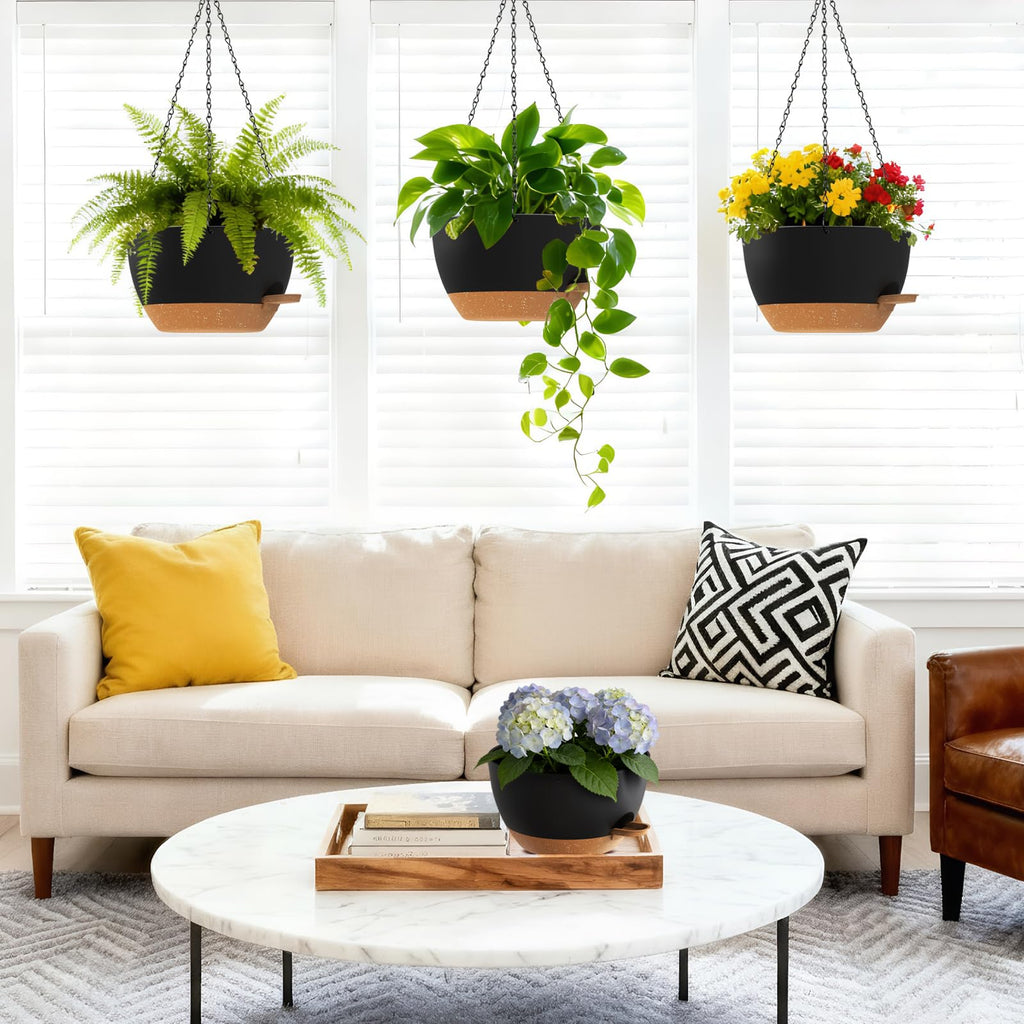 Set of 3-10 Inch Self Watering Hanging Planters for Indoor Outdoor, Hanging Plant Pots with Drainage & Removable Tray