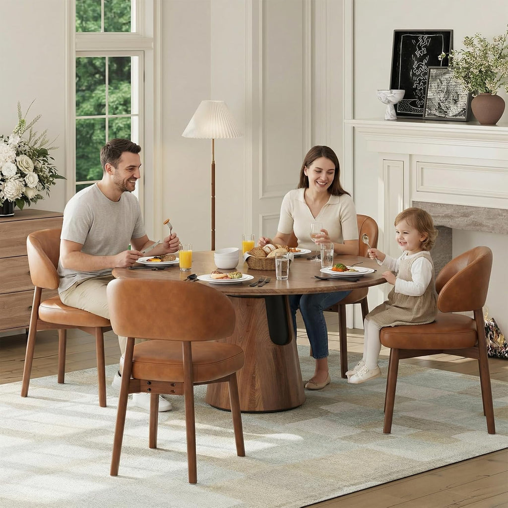 Wooden Dining Chairs Set of 4, Modern Upholstered Dining Room Chair, PU Leather Kitchen Side Chairs with Curved Open