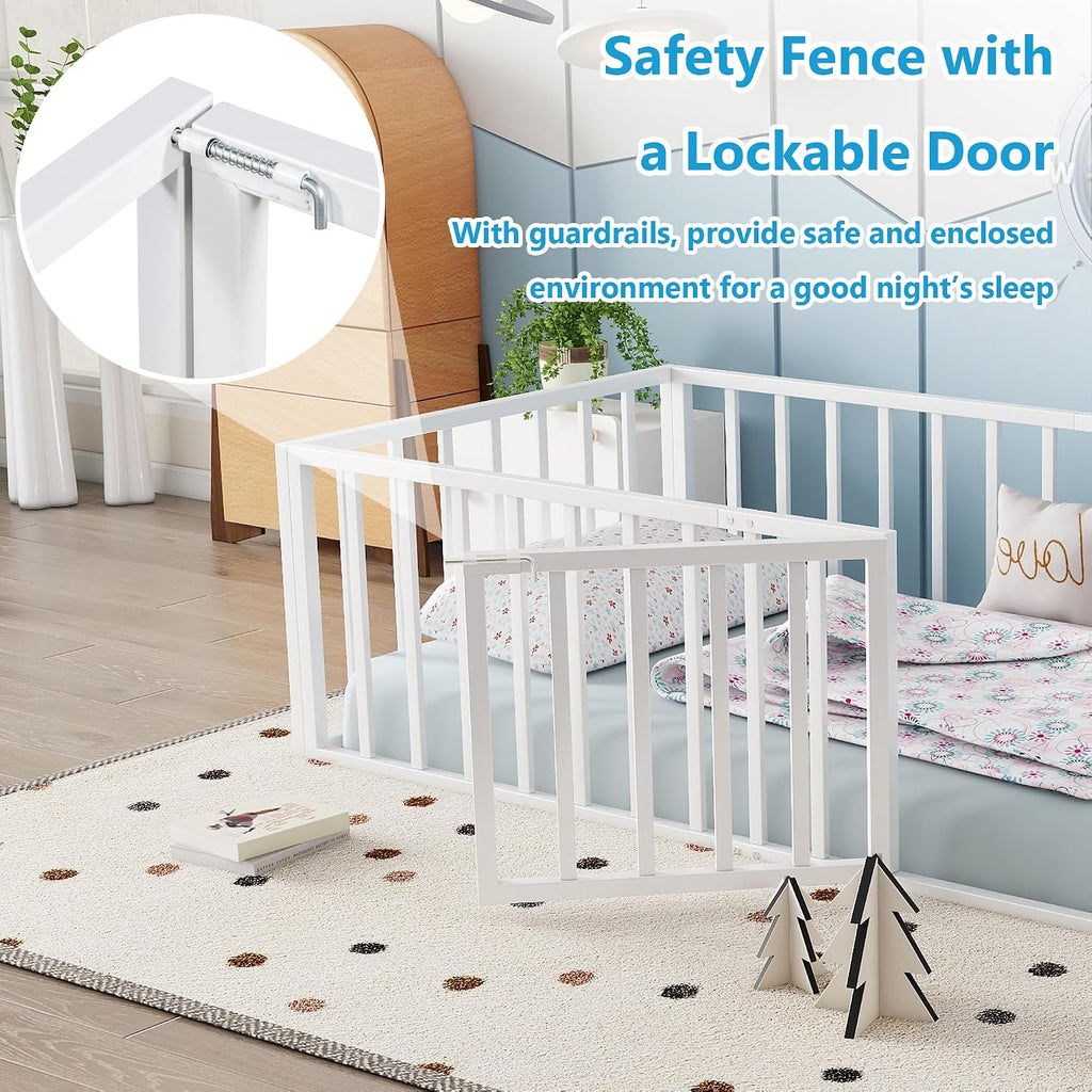 Floor Bed with Fence and Door, Heavy Duty Montessori Floor Bed Frame, Easy Assemble Montessori Beds