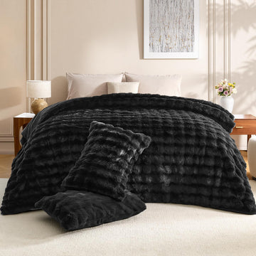 Fluffy Comforter Set Black Soft & Fuzzy Faux Fur Comforter Luxury Lightweight Plush Bedding Set All Season