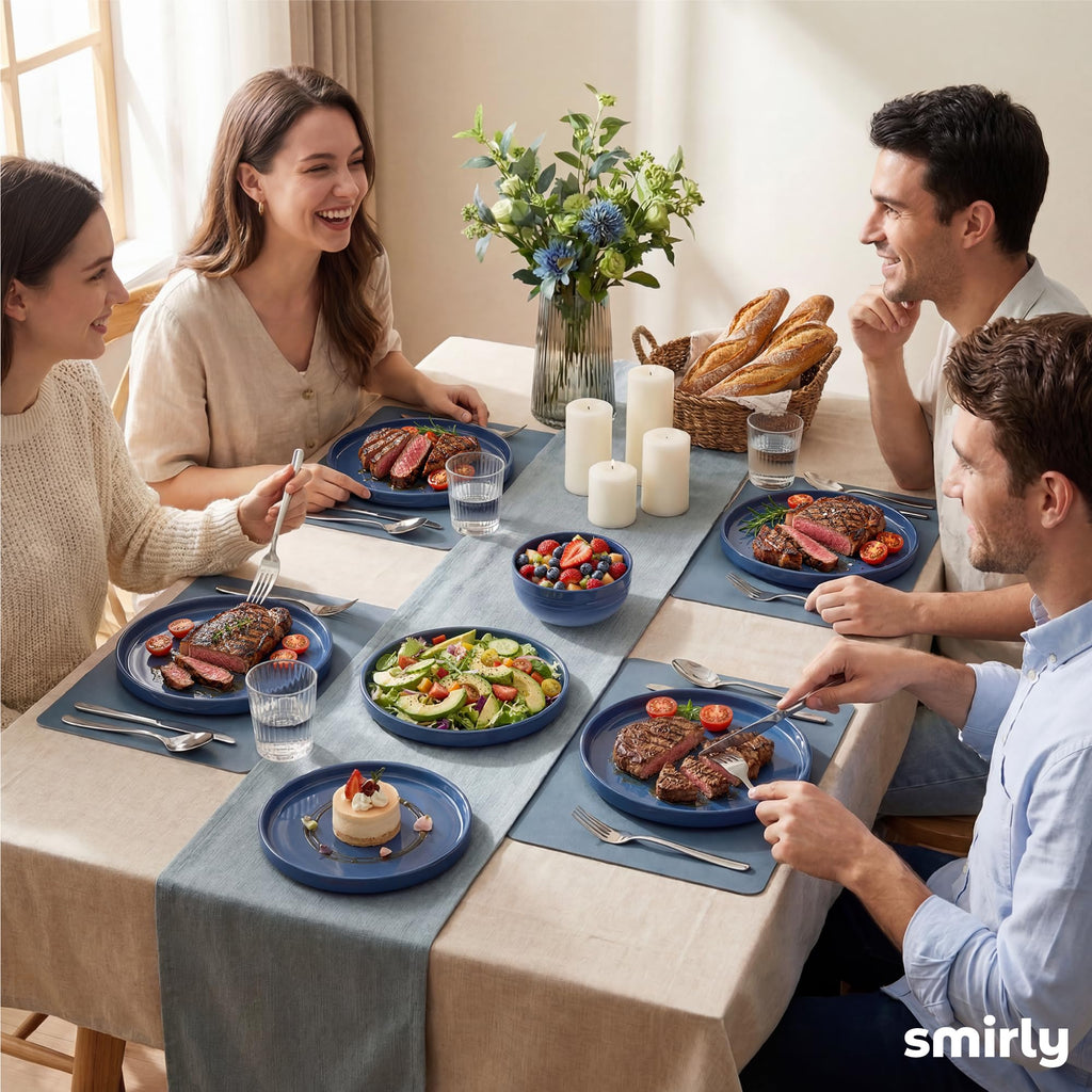Stoneware Dinnerware Set for 4, 12 pcs Plates and Bowls Set, Blue