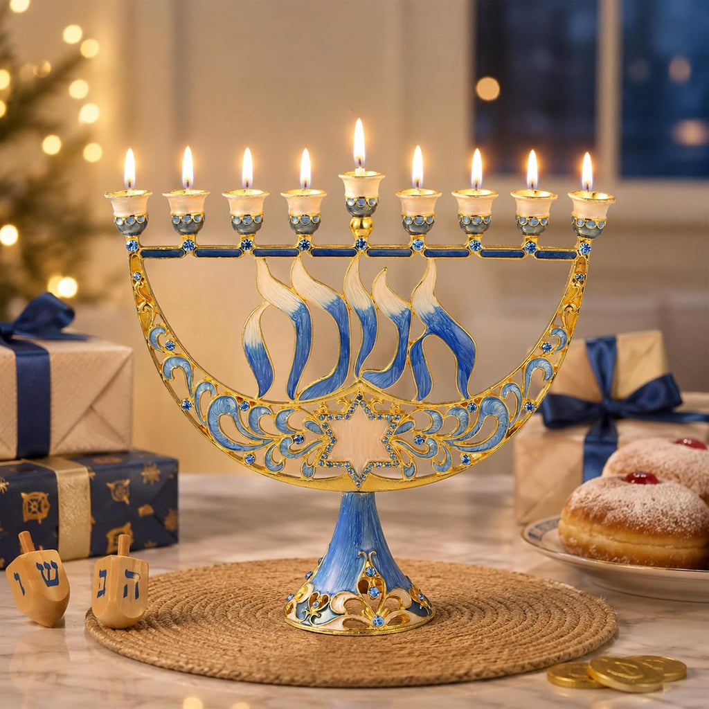 Hand Painted Enamel Candelabra with Star of David and Hanukkah Design and Embellished with Gold Accents and Crystals