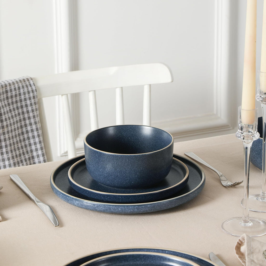 Amber 12-Piece Dinnerware Set Stoneware, Dishwasher and Microwave Safe Plates and Bowls Set, Dish Set for 4, Blue