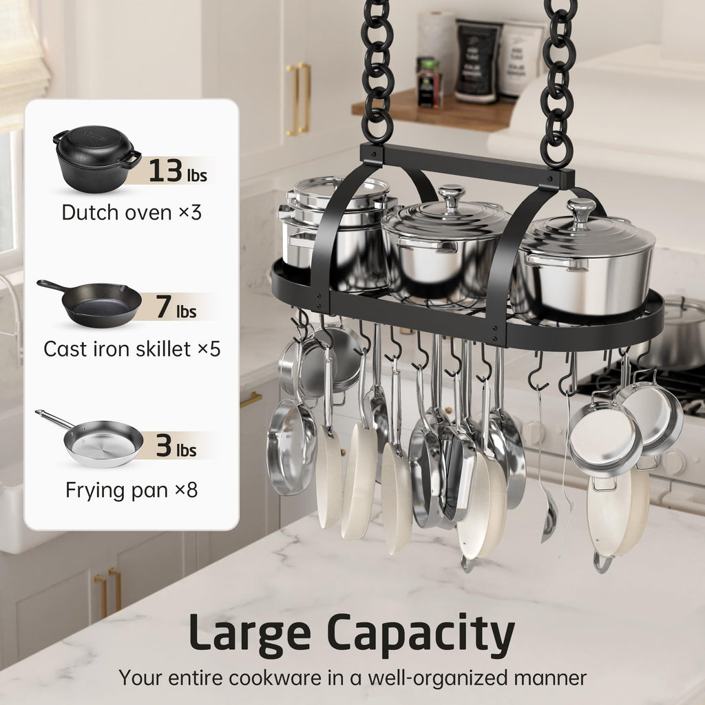 Ceiling Pot Rack 34-Inch Hanging Pot Rack Oval Pot and Pan Rack Matte Black Pot Hanger with 20 S Hooks (For 16"