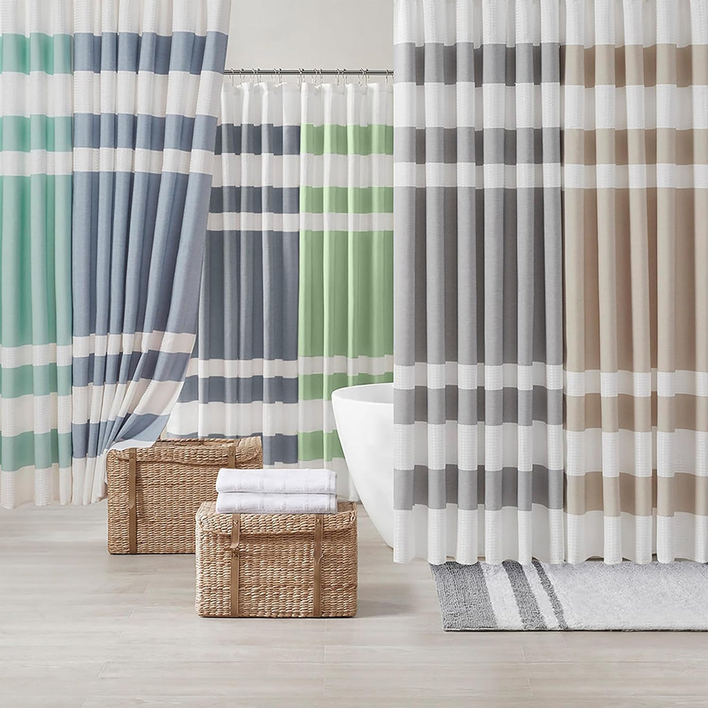 Spa Waffle Shower Curtain , 72 x 72, Grey | Striped, Pieced Fabric Design, 3M Scotchgard Moisture Management, Hotel