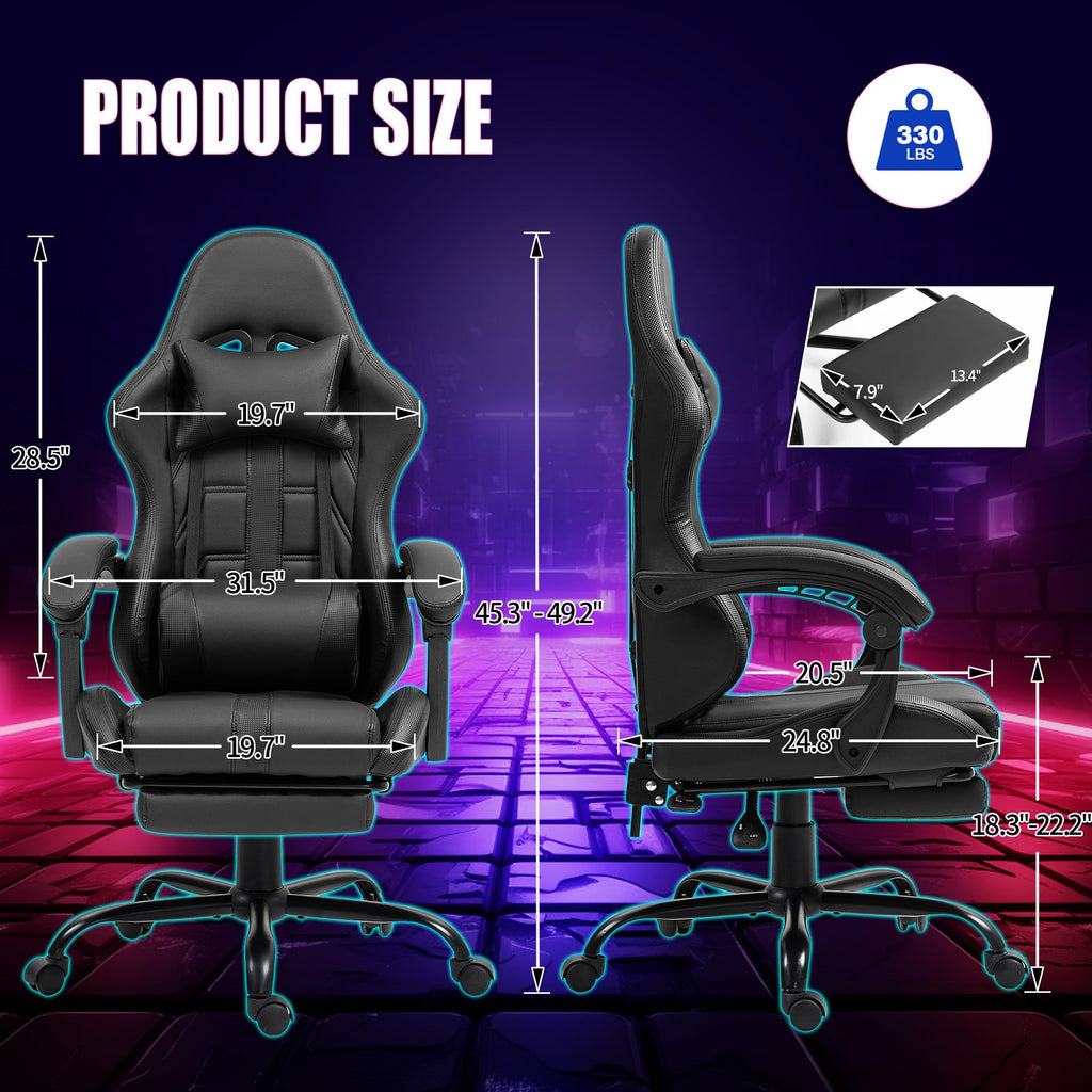 Gaming Chair with Footrest & Massage Lumbar Support, Black