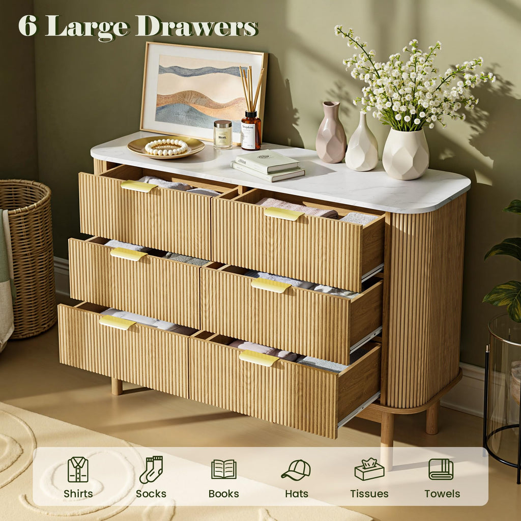 47" Fluted Dresser with 6 Drawer, Modern Chest of Drawers, Faux Marble Top & Curved Profile Design, Wood Drawer Storage
