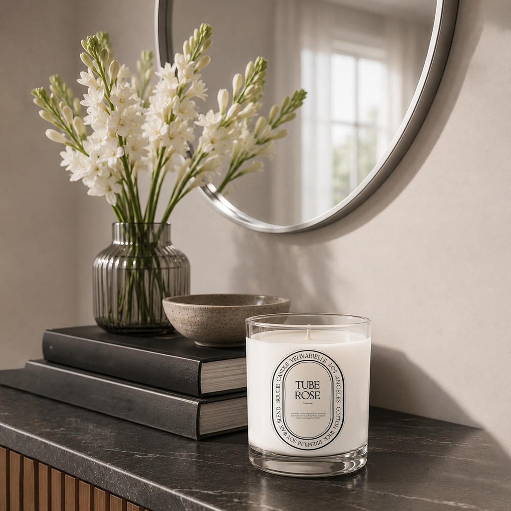 Tuberose Luxury Scented Candle 8oz | Soft Floral Aroma for Daily Relaxation | Hand-Poured Soy Wax Blend | 40hr Clean - Set of 8