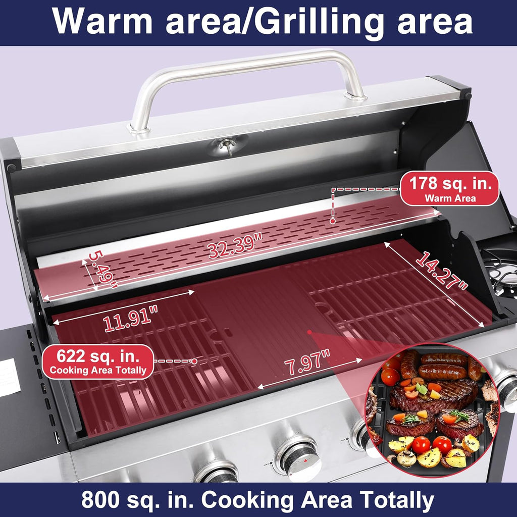 6-Burner Propane Gas Grill with Side Burner, 69,000 BTU BBQ Grill with Cast Iron Grates, Double-Layer Stainless Steel Lid and Grease Management System