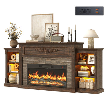 Farmhouse Fireplace with Mantel, 85" W 37.6" H TV Stand for 95" TV, Brown