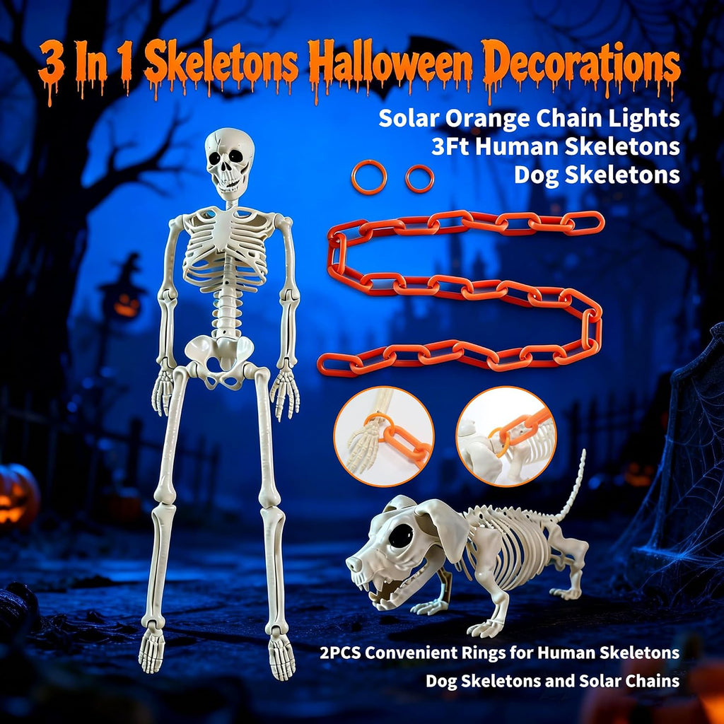 3Ft Skeleton & Dog Skeleton with Light Chain, Outdoor Halloween Decorations