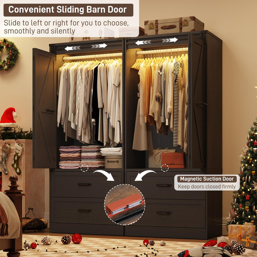 2 Doors Armoire Wardrobe Closet w/ Folding Sliding Barn Door, Rustic Black