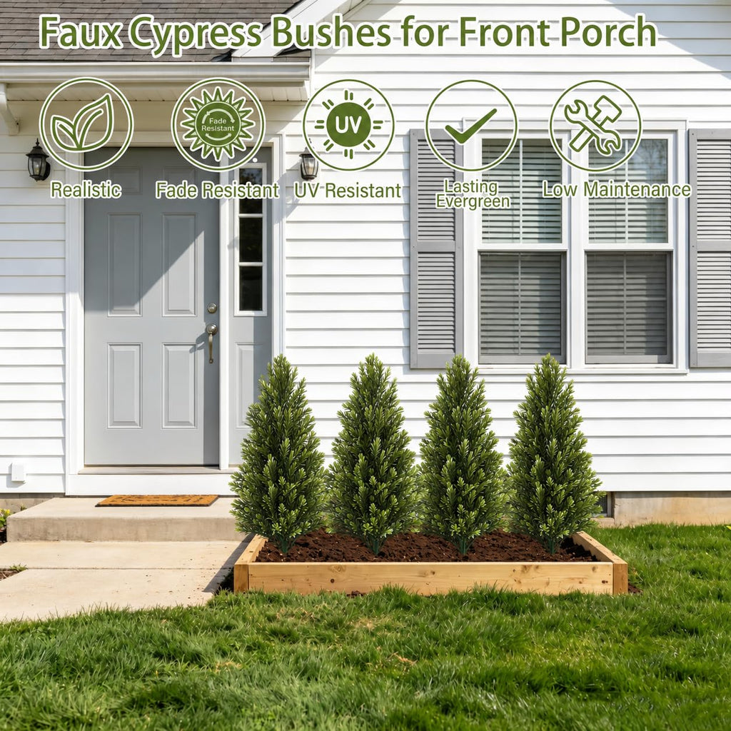 4 Pack Artificial Cedar Topiary Trees Plants Outdoor, 20" Faux Evergreen Pine Shrubs & Fake Bushes with Spikes, UV