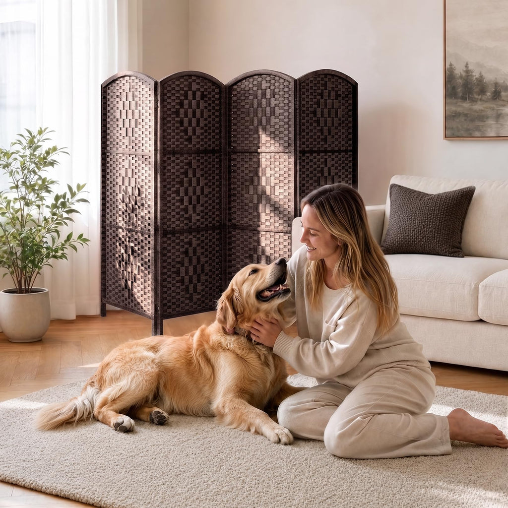 Room Divider, Short Folding Privacy Screen Panel, 4 Panel, Brown
