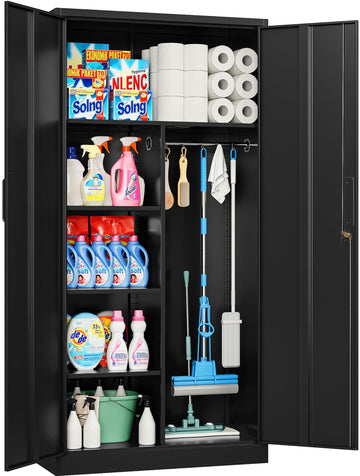Wide & Deep Metal Storage Cabinet with Hanging Rod, Black Broom Closet Storage Cabinet with Lock, 72" Tall Wardrobe