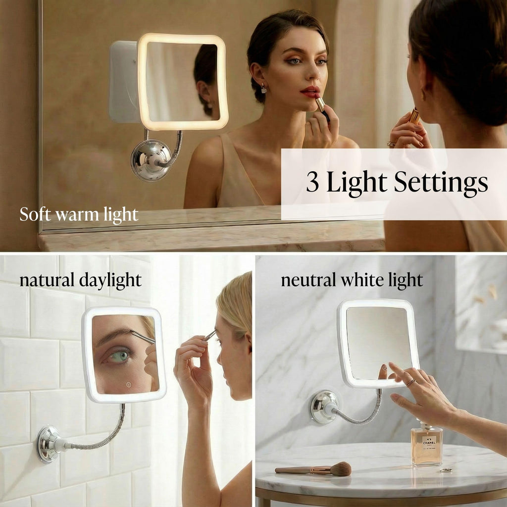 10x Flexible Magnifying Mirror with 3 LED Light Settings, Rechargeable - Gooseneck Lighted Makeup Mirror, Locking
