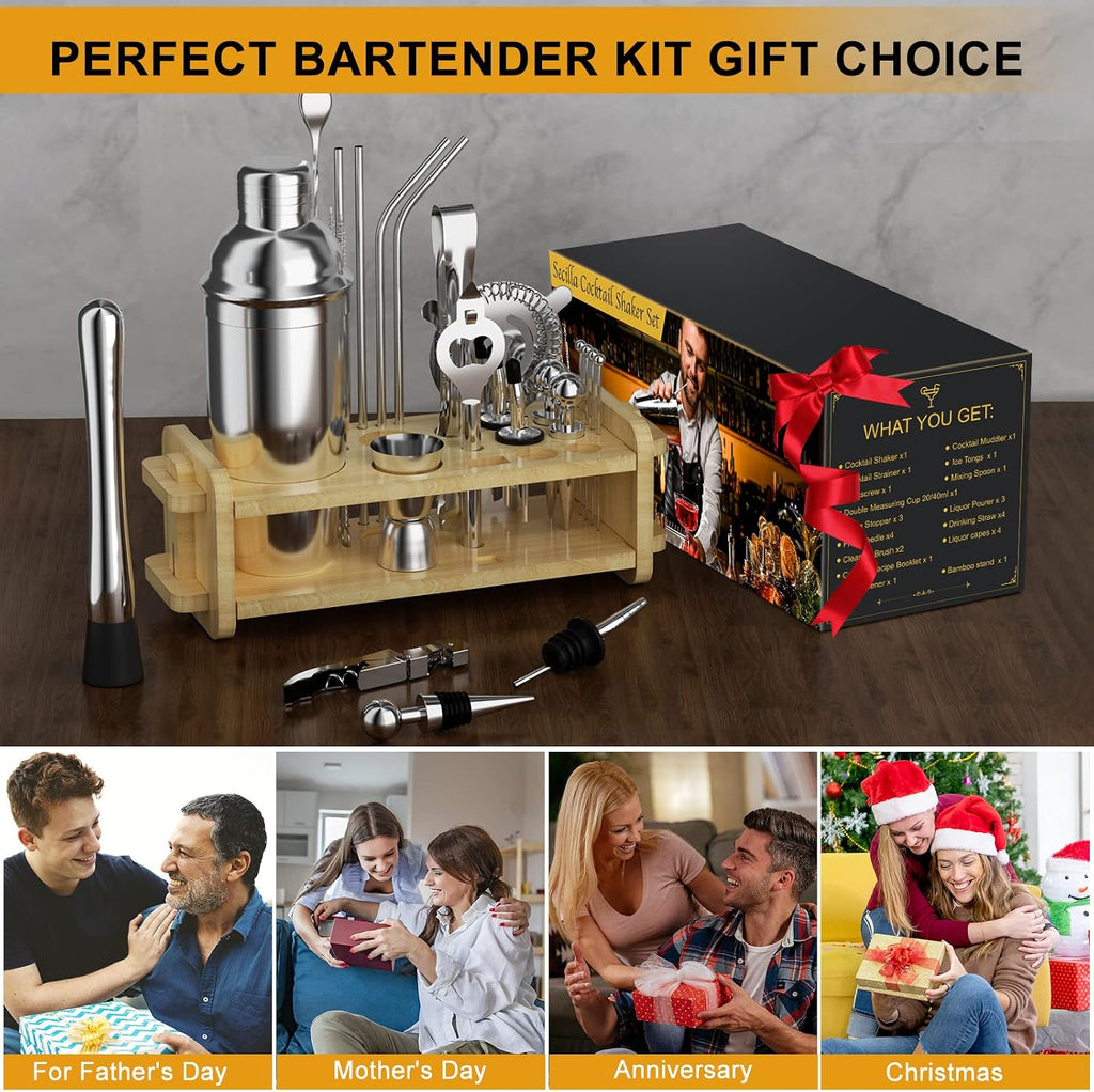 Mixology Bartender Kit with Stand, 25oz Bar Set Cocktail Shaker Set, Professional Bartending Kit Home Bar Tools - Set of 30