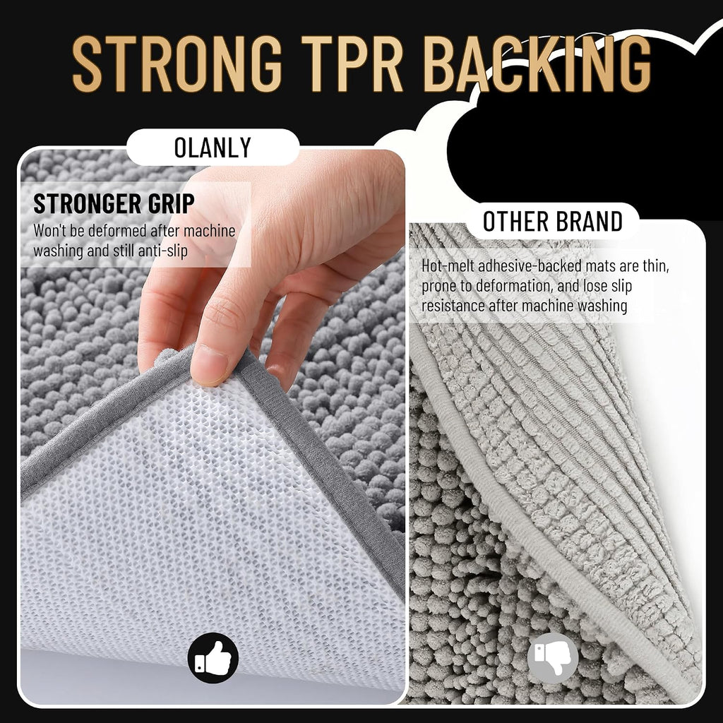 Thick Bathroom Rugs 36x24, Soft Chenille Striped Bath Rugs, Grey | Rubber Backing, Machine Wash, Extra Absorbent Bath