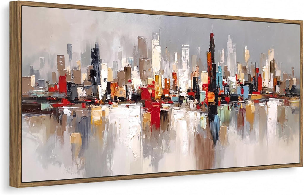 Large Modern Cityscape Wall Art, Framed Abstract Skyline Canvas Artwork, Contemporary Urban Decor Bedroom Office