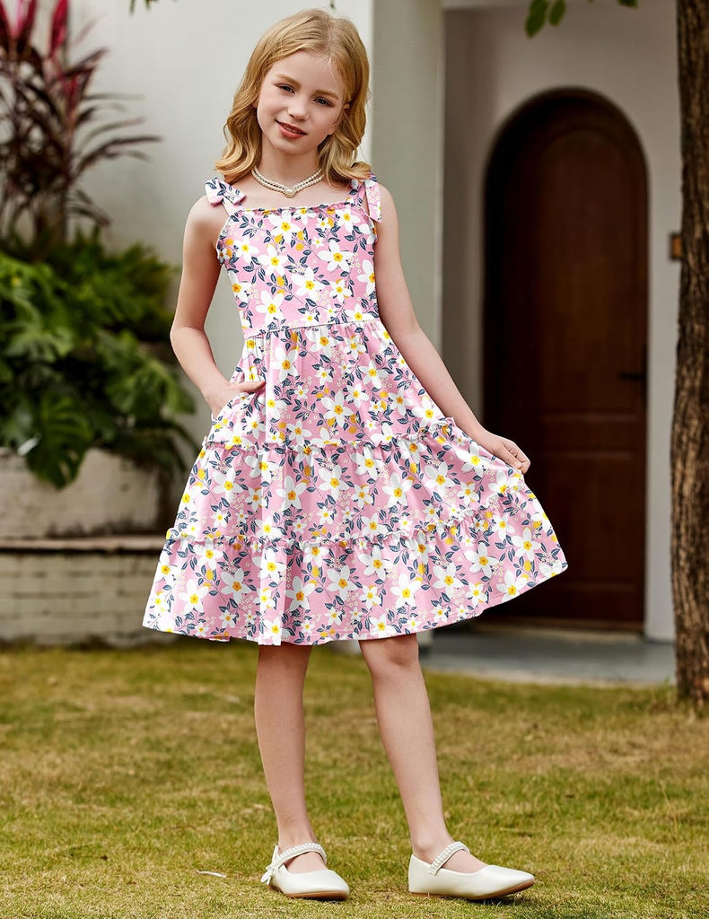 Girls Summer Dress Tween Boho Casual Bowknot Strap Sundresses