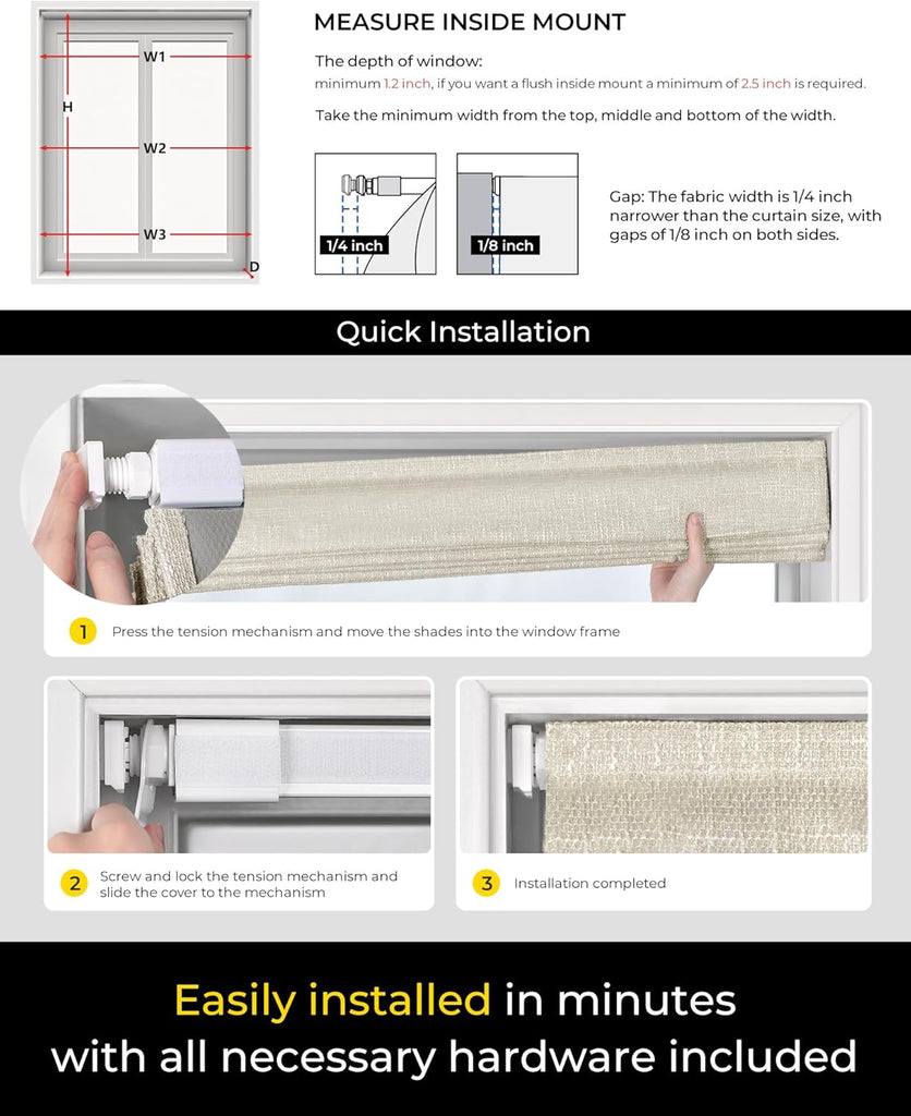 No Tools No Drill Cordless Roman Shades, 31×64 in, Beige | Blackout Fabric, Room Darkening, UV Protection, Protecting