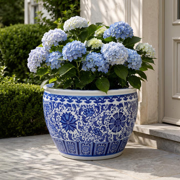 16'' Blue and White Fishbowl Planter Chinoiserie Planter, Retro
