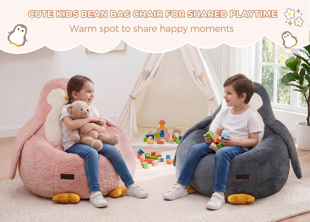 Kids Bean Bag Chair, Cute Floor Sofa with Penguin‐Shaped Backrest