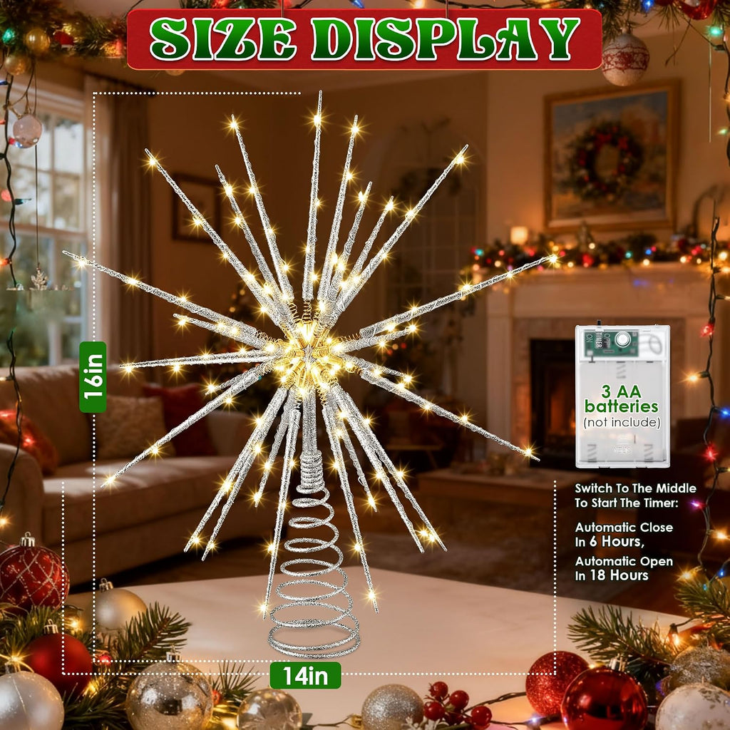 LED Starburst Christmas Tree Topper with Timer, Silver, 16inch