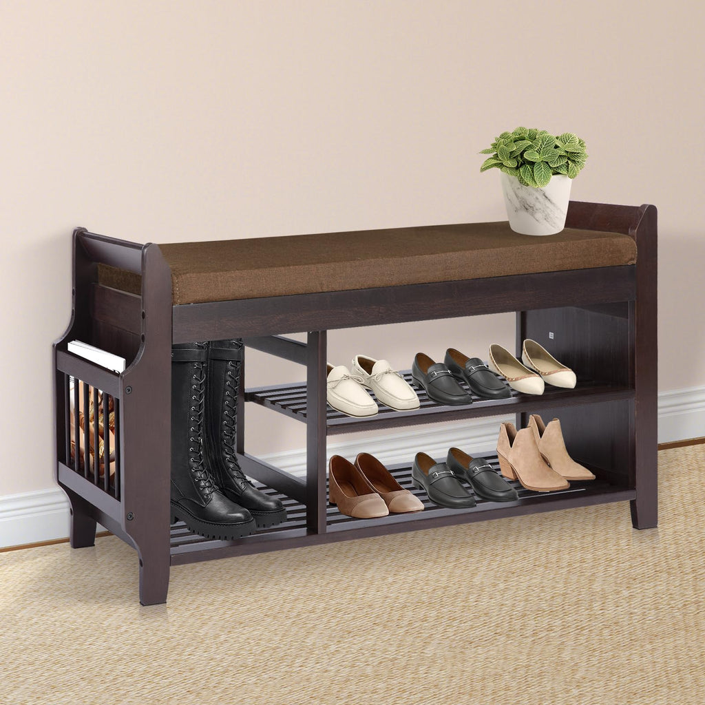 39-Inch Bamboo Shoe Bench, 2-Tier Shoe Rack with Padded Cushion