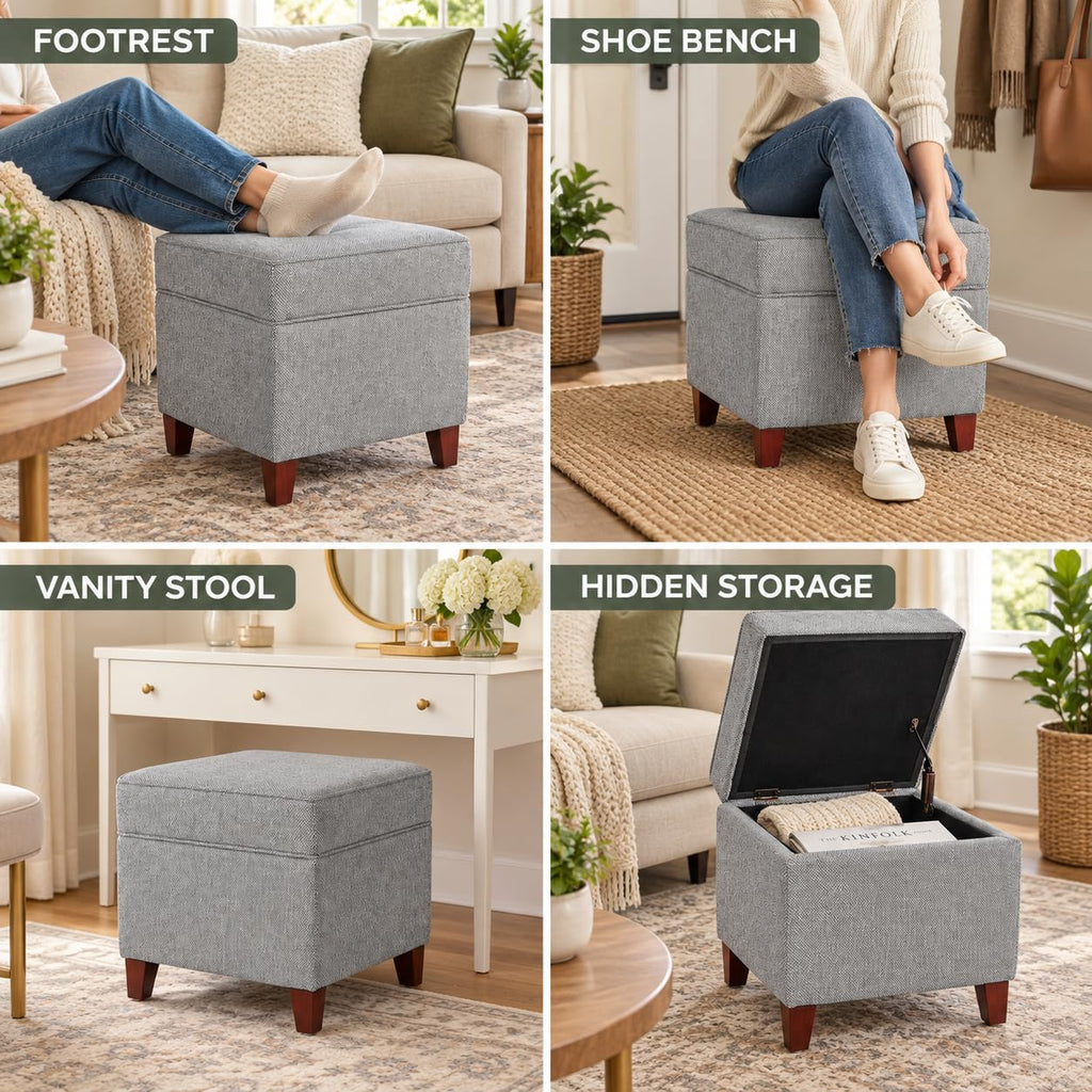 17 Inch Square Linen Storage Ottoman, Small Upholstered Footrest Stool with Hinged Lid and Wood Legs, Modern Accent