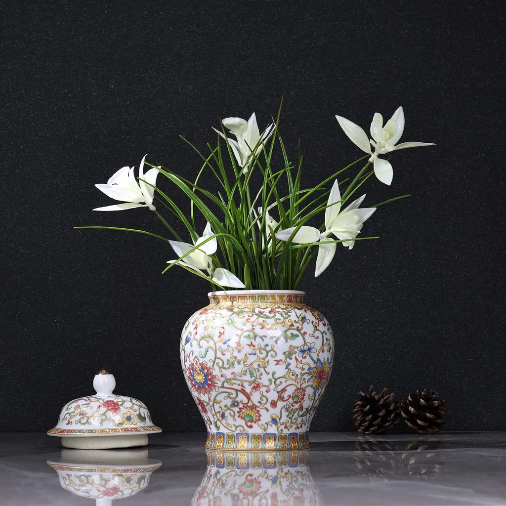 Enamel Ginger Jar with Lid 7.72"H,Handmade Chinoiserie Ginger Jar, Ceramic Vase Decor, Decorative Jar, Black or White