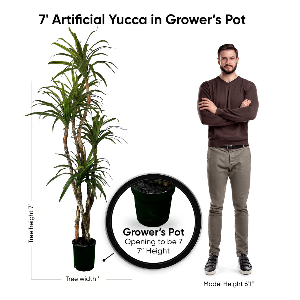 Handmade 7ft Outdoor Safe UV Resistant Artificial Yucca Plant | Tree with Real Wood Trunks, Hypoallergenic, 7 Foot