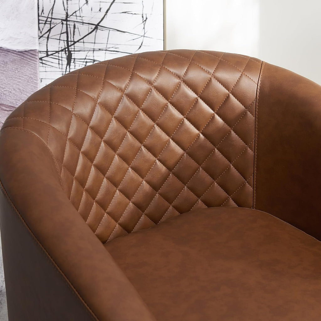 29" W Faux Leather Tufted PU Swivel Barrel Chairs, Brown - Set of 2