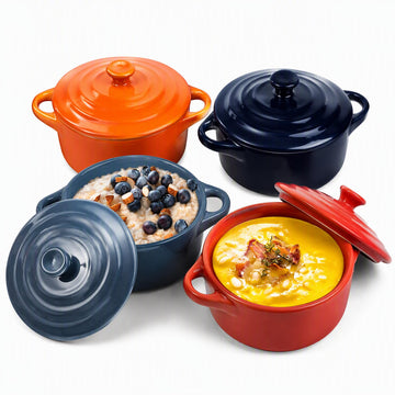 4 Pack Porcelain Ramekin with Lids and Handles Oven Safe, 8 oz Round Souffle Creme Brulee Baking Dish, Pudding
